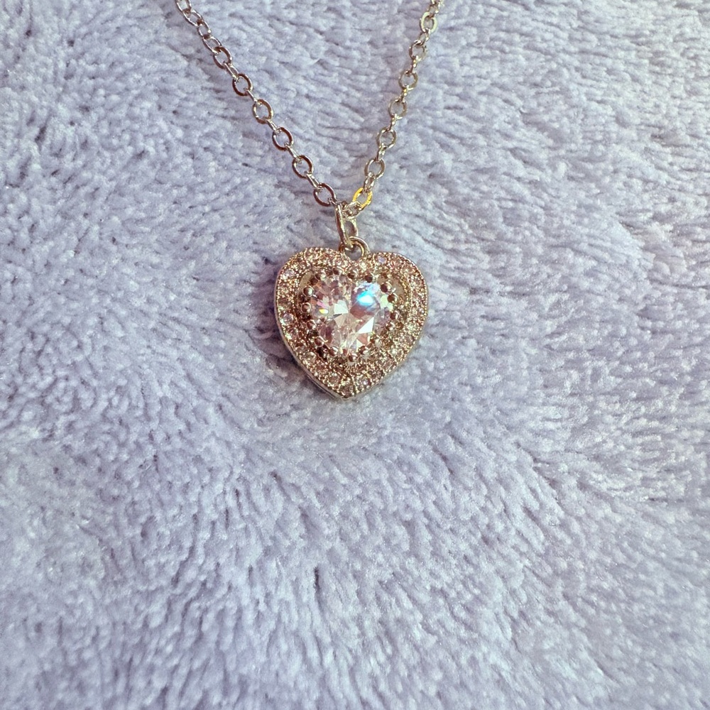 Heart Necklace CZ  Stones In Silver With Link Chain Lobster Clasp